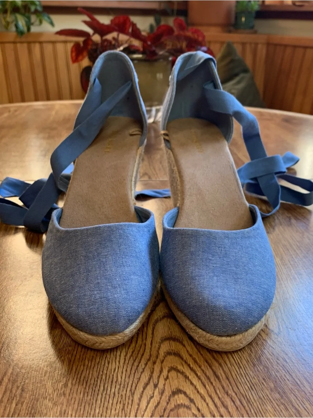 Blue Chambray Espadrille Wedge Sandals with Ankle Tie